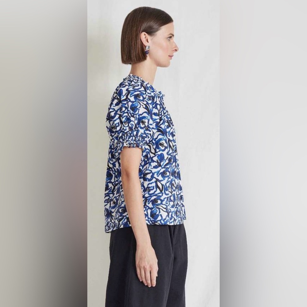 Apiece Apart Blue White Kasin Floral-Print Puff-Sleeve Top - Picture 3 of 8